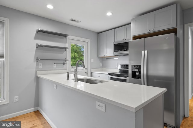 kitchen with light hardwood / wood-style floors, sink, kitchen peninsula, gray cabinetry, and stainless steel appliances