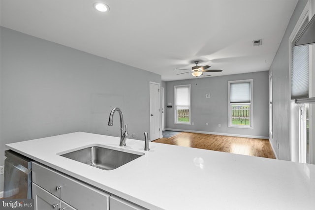 kitchen featuring light wood-type flooring, dishwasher, ceiling fan, and sink