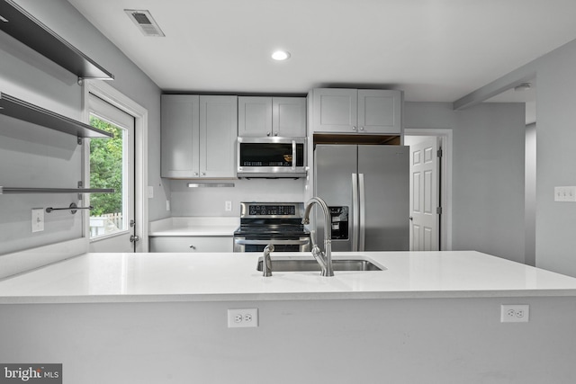 kitchen with appliances with stainless steel finishes, sink, and gray cabinets