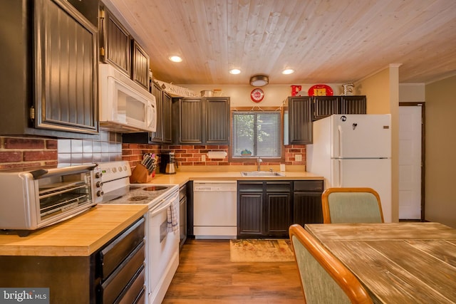 kitchen featuring wood ceiling, sink, light hardwood / wood-style floors, and white appliances