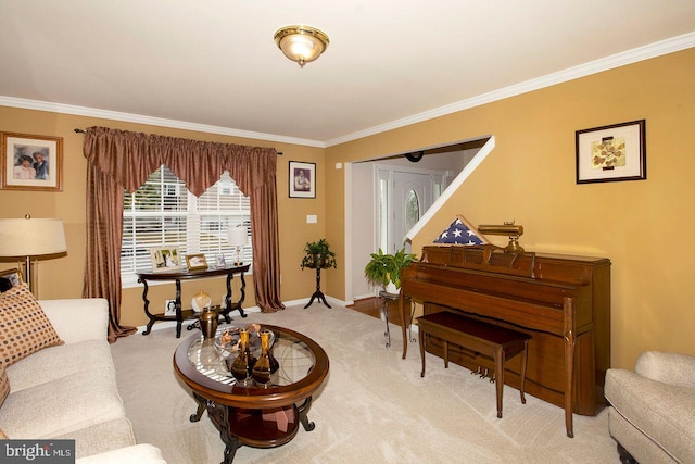 living room featuring stairway, light carpet, baseboards, and ornamental molding