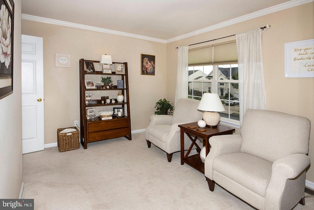 living area featuring crown molding and light colored carpet