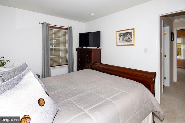 bedroom with ornamental molding and carpet