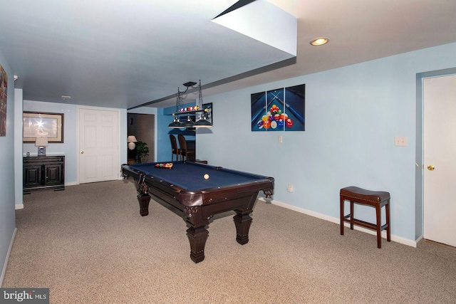 game room featuring recessed lighting, baseboards, carpet, and pool table