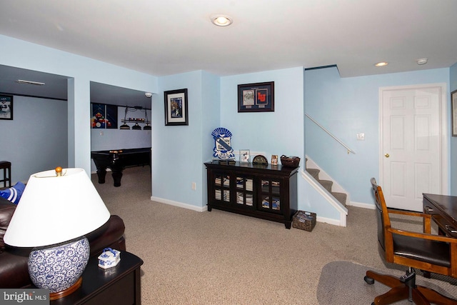 office featuring recessed lighting, billiards, baseboards, and carpet floors