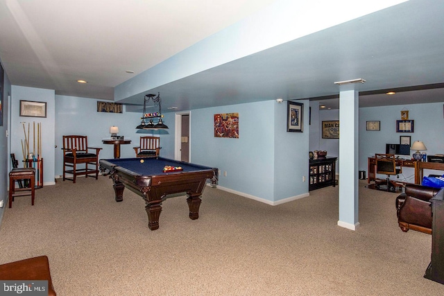 recreation room featuring recessed lighting, baseboards, billiards, and carpet flooring