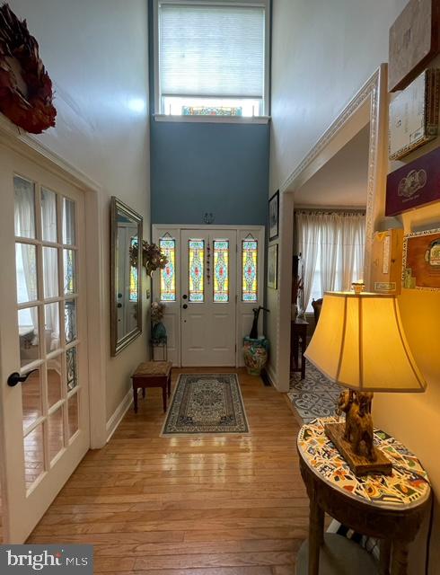 entryway featuring a towering ceiling, hardwood / wood-style floors, and a wealth of natural light