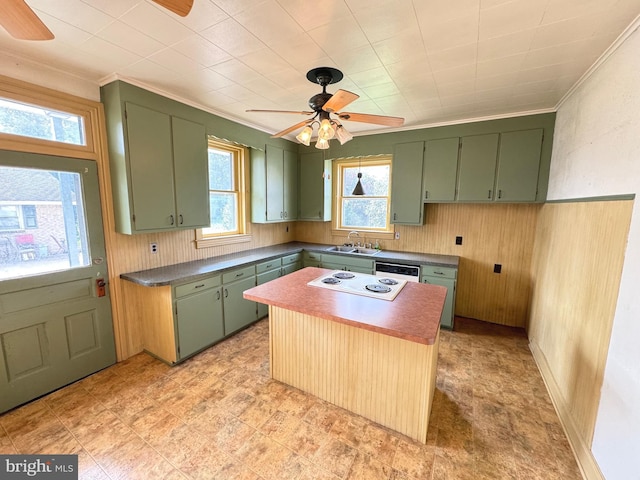 kitchen with ceiling fan, plenty of natural light, sink, and white appliances