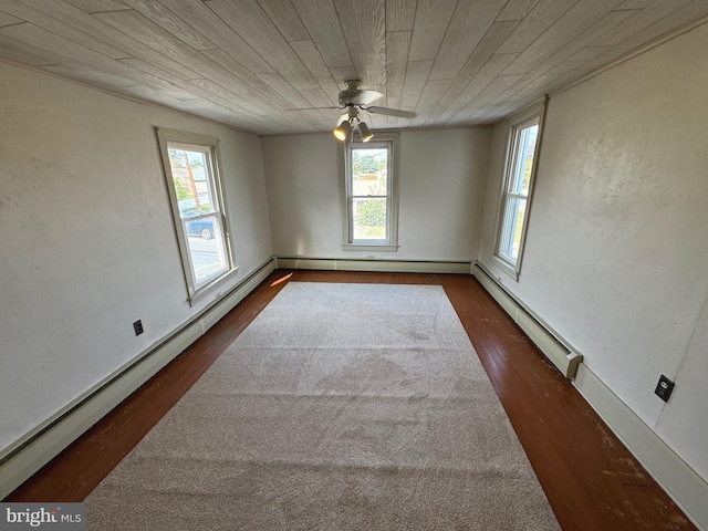 empty room featuring ceiling fan, wood ceiling, dark wood-type flooring, and a baseboard heating unit