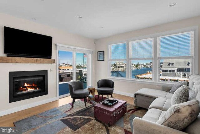 living room with a water view and hardwood / wood-style floors