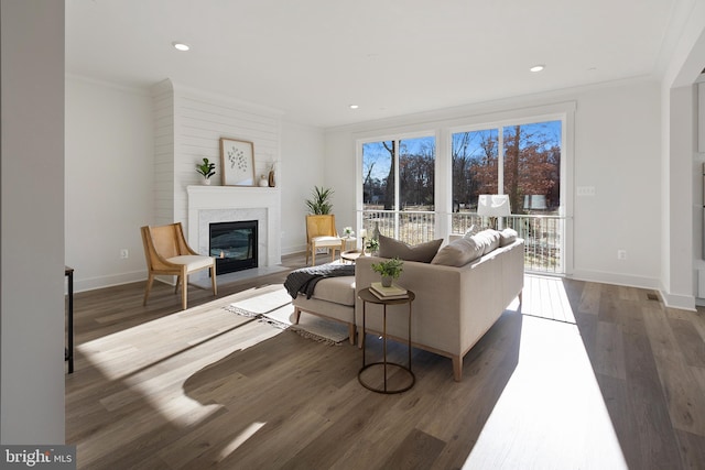 1333 German Driveway, Hanover, MD 21076 - living room featuring a fireplace with flush hearth, wood finished floors, crown molding, and recessed lighting