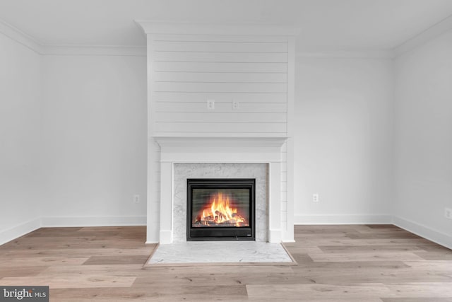 room details with a premium fireplace, baseboards, wood finished floors, and crown molding