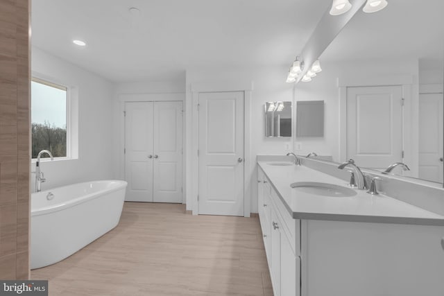 bathroom with a freestanding bath, double vanity, wood finished floors, and a sink