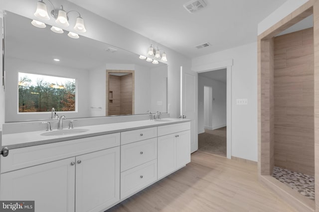 bathroom with vanity, wood-type flooring, and tiled shower