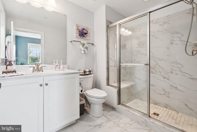 bathroom featuring a shower stall, vanity, toilet, and marble finish floor