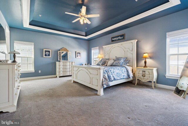 bedroom featuring baseboards, a raised ceiling, carpet, and a ceiling fan