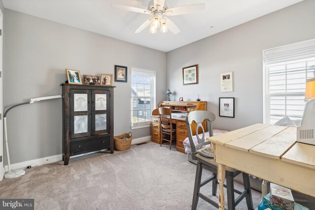 office space featuring baseboards, carpet, and a ceiling fan