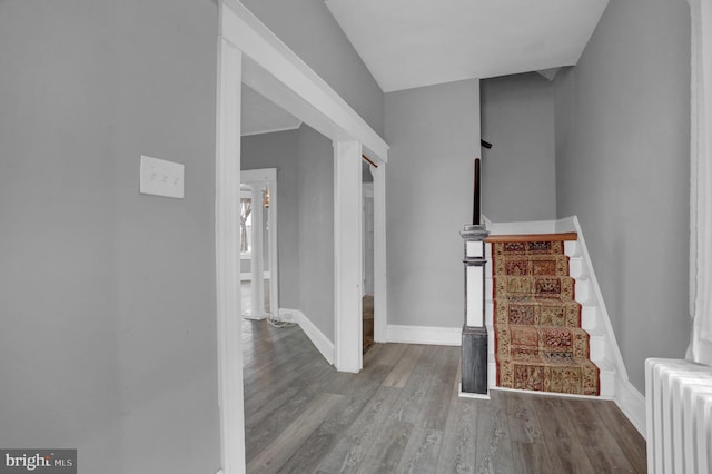 stairs with hardwood / wood-style flooring and radiator