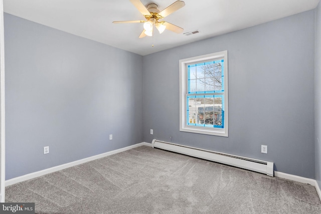 carpeted empty room with a baseboard radiator, baseboards, visible vents, and ceiling fan