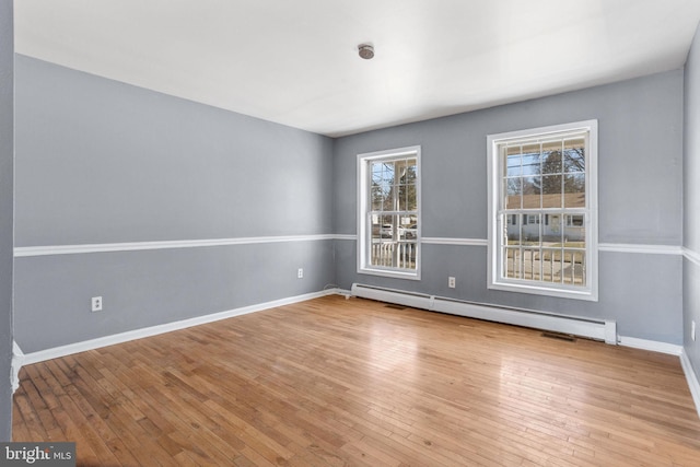 unfurnished room featuring hardwood / wood-style flooring, baseboards, and a baseboard radiator