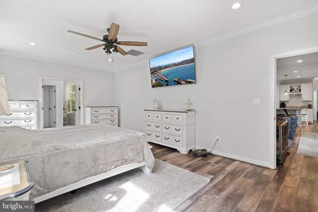 bedroom featuring ceiling fan, dark wood-type flooring, and ornamental molding