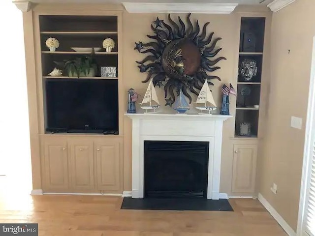 living room with crown molding and wood-type flooring