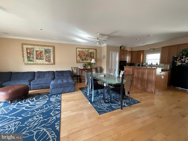 living room with crown molding, light hardwood / wood-style flooring, and ceiling fan