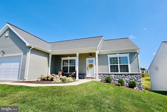 single story home with a front yard and a porch