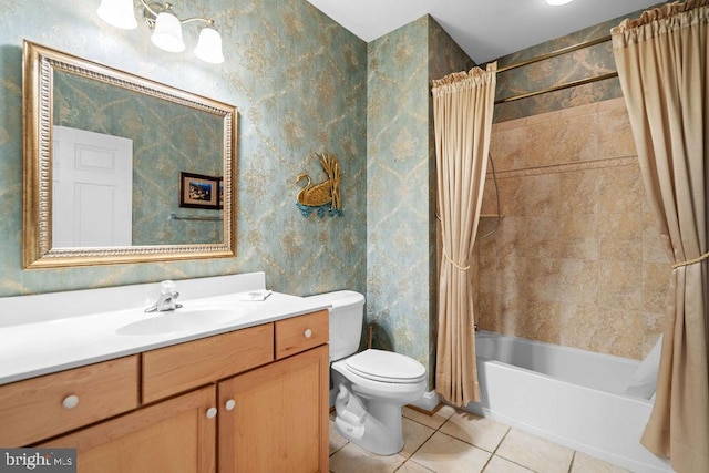 bathroom featuring vanity, shower / bathtub combination with curtain, wallpapered walls, tile patterned floors, and toilet