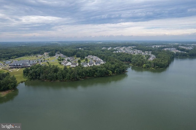 birds eye view of property with a view of trees and a water view