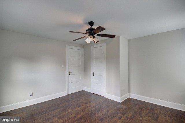 unfurnished bedroom with dark wood-type flooring and ceiling fan