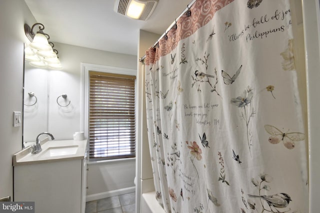 bathroom with vanity, tile patterned floors, and shower / bathtub combination with curtain