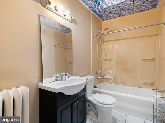 full bathroom with vanity, radiator, tile patterned floors, toilet, and tub / shower combination