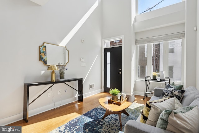 living room featuring wood-type flooring and a towering ceiling