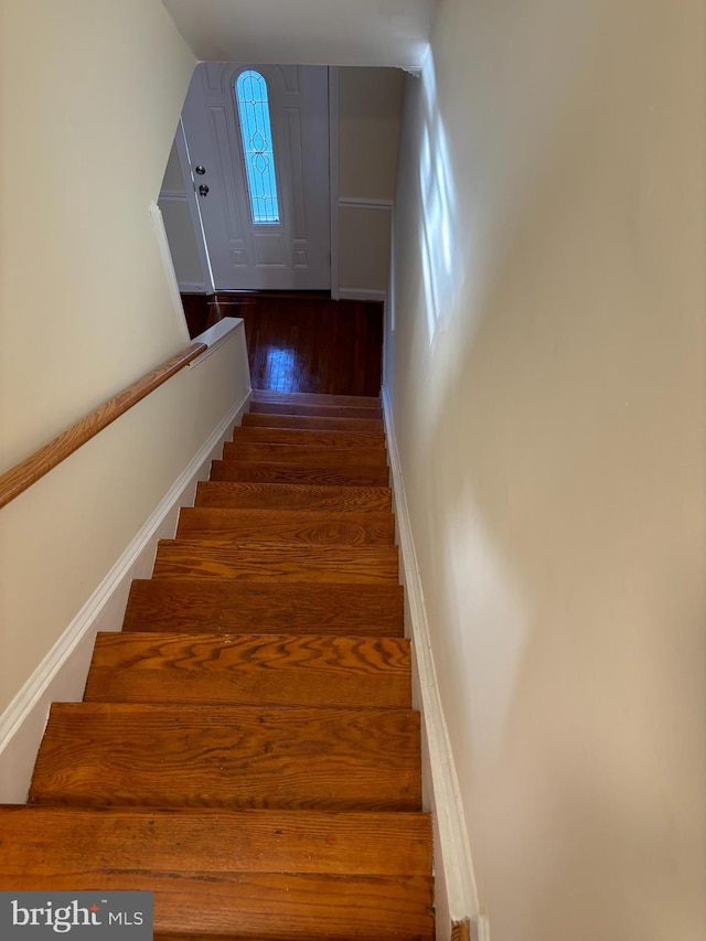 staircase with hardwood / wood-style flooring