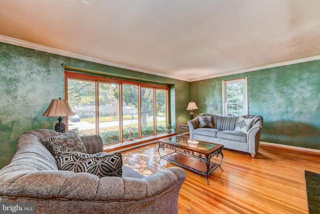 living room with ornamental molding and wood-type flooring