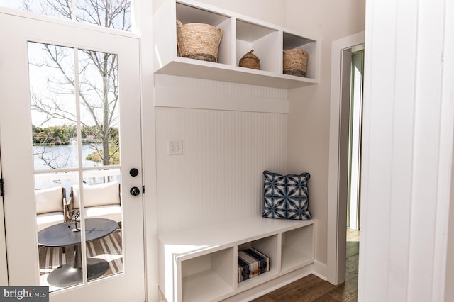 mudroom featuring a water view and dark hardwood / wood-style flooring