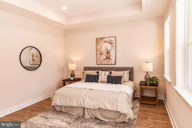 bedroom featuring hardwood / wood-style floors and a tray ceiling