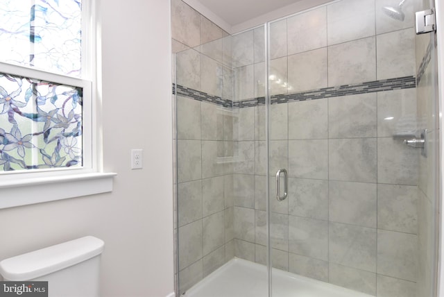 bathroom featuring walk in shower, toilet, and a healthy amount of sunlight