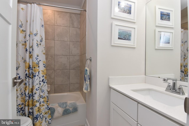 full bathroom with vanity, toilet, and shower / bathtub combination with curtain