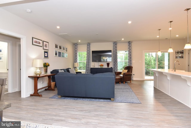 living room with light wood-type flooring and sink