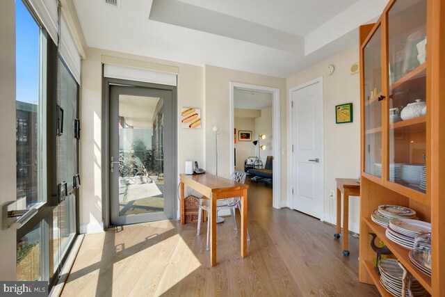 interior space with a tray ceiling and light hardwood / wood-style flooring