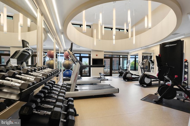 workout area with a high ceiling