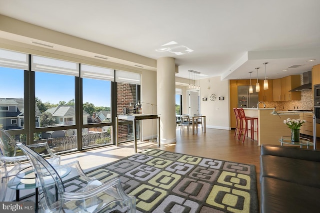 living room featuring dark wood-type flooring