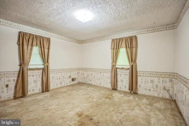 carpeted empty room with a textured ceiling