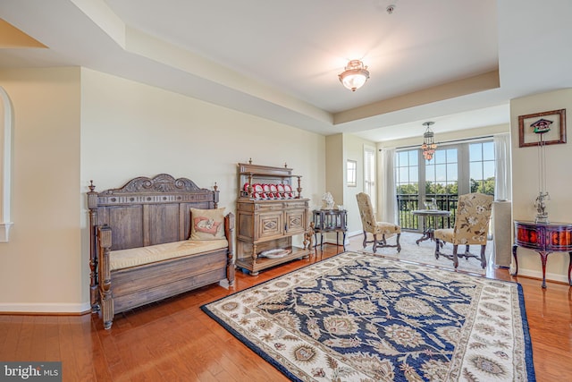 interior space featuring a raised ceiling, wood finished floors, and baseboards