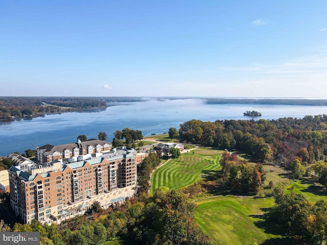 bird's eye view featuring golf course view and a water view