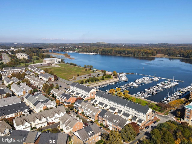 drone / aerial view with a water view