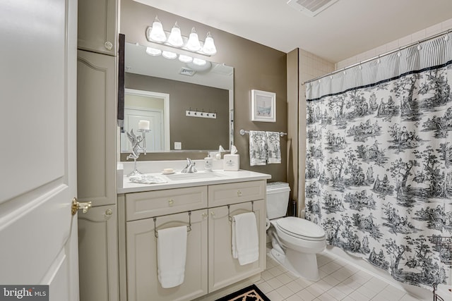 bathroom with visible vents, curtained shower, toilet, tile patterned floors, and vanity