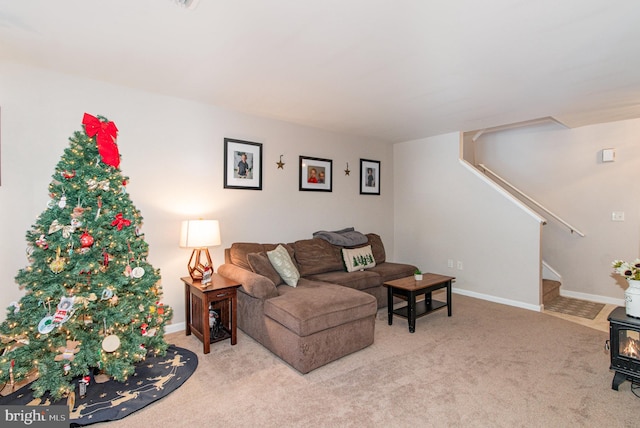 living room featuring light colored carpet